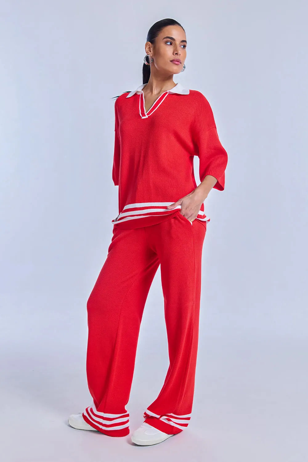 Conjunto Tricot Adriana Vermelho Magma e Off White