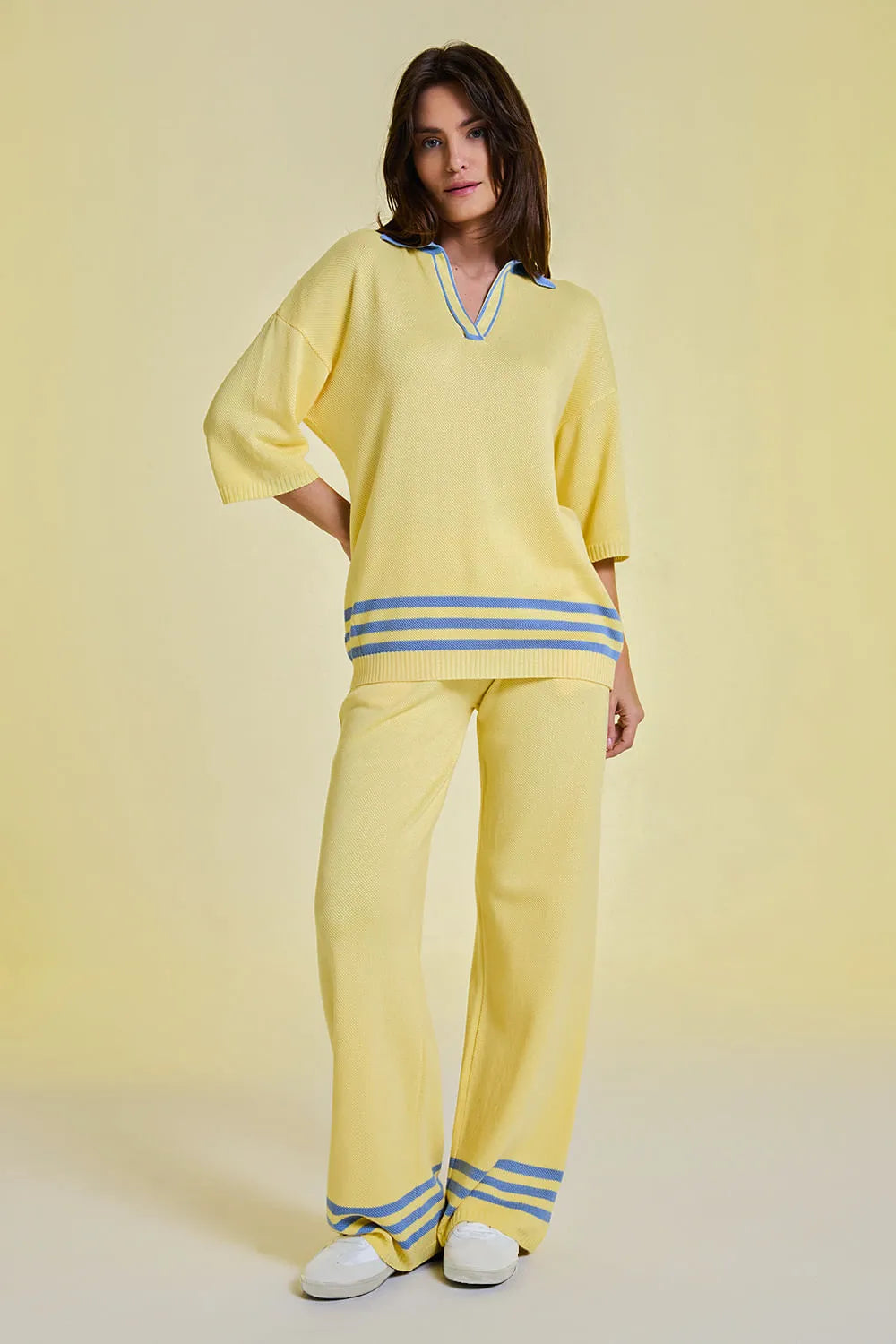 Conjunto Tricot Adriana Amarelo Manteiga e Azul Celeste