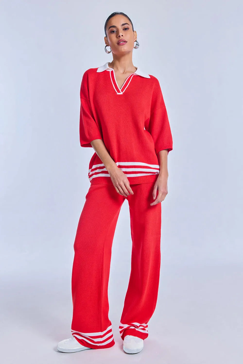 Conjunto Tricot Adriana Vermelho Magma e Off White
