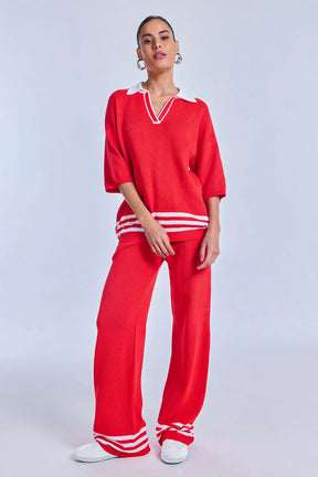 Conjunto Tricot Adriana Vermelho Magma e Off White