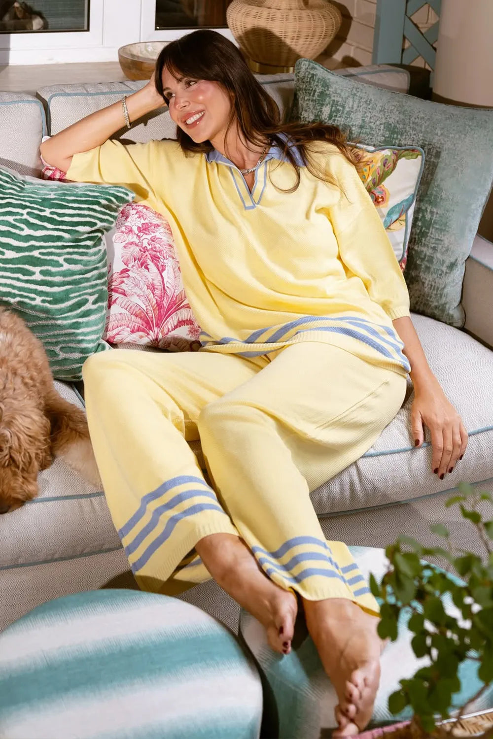 Conjunto Tricot Adriana Amarelo Manteiga e Azul Celeste